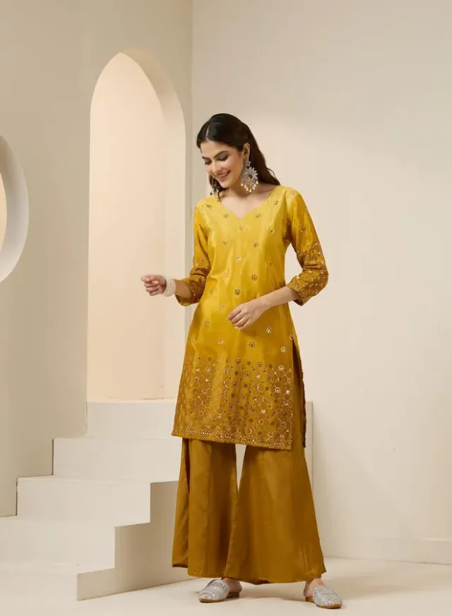 Yellow Poly Silk Printed Tunic Top & Straight Palazzo Set – image 7