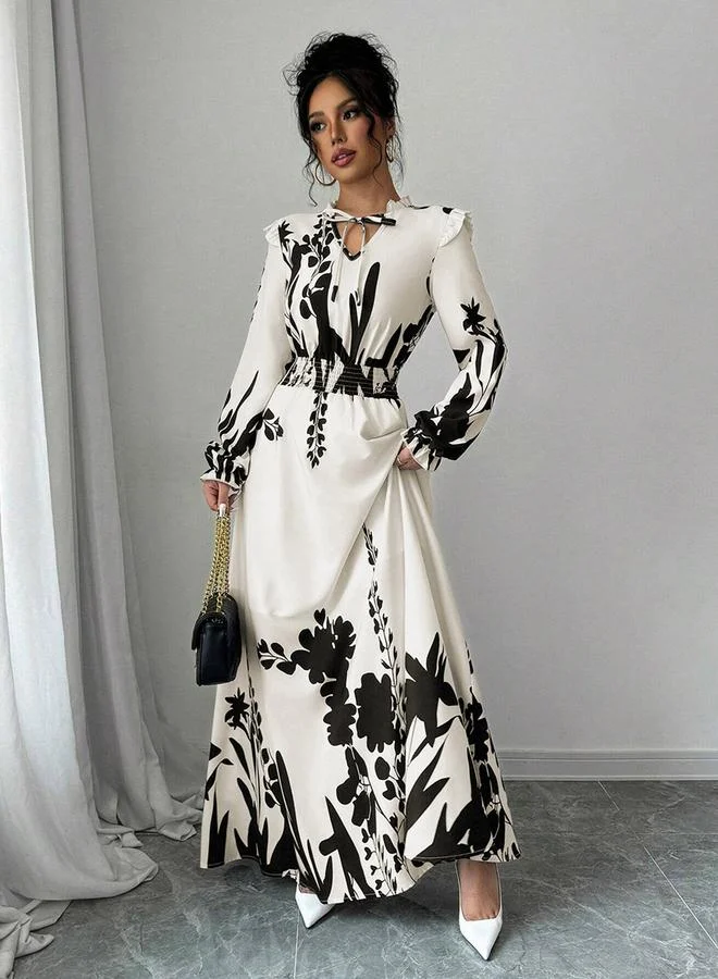 Floral Ruffle Maxi Dress Beige