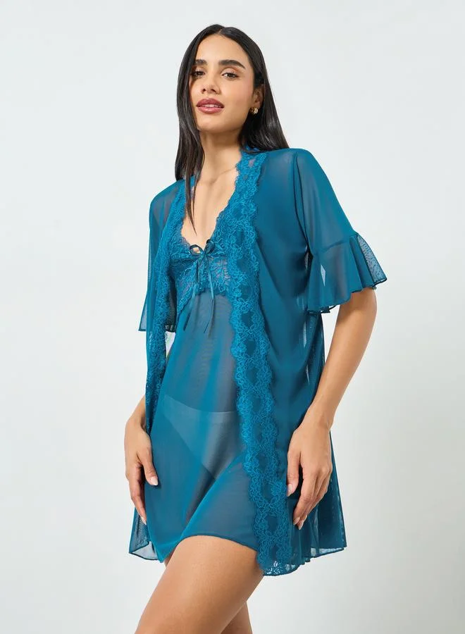 2-Piece Lace Trim Sheer Robe and Slip Set Teal