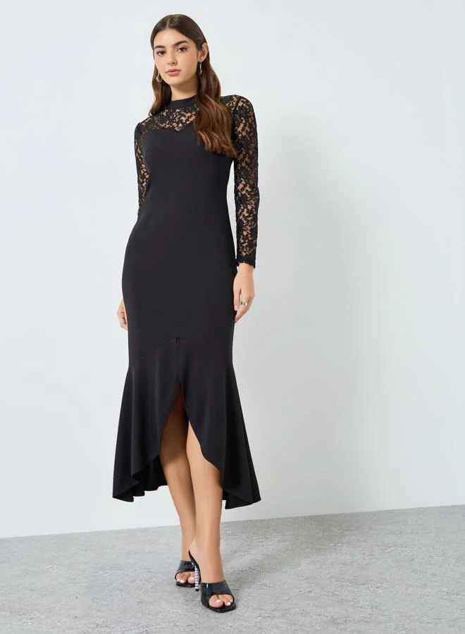Self Design Long Sleeve Mermaid Midi Dress Black