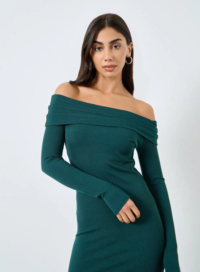 Styli Ribbed Off-Shoulder Midi Dress Dark Green
