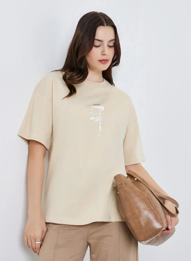 Women Rose Foil Graphic Cotton T-Shirt Beige