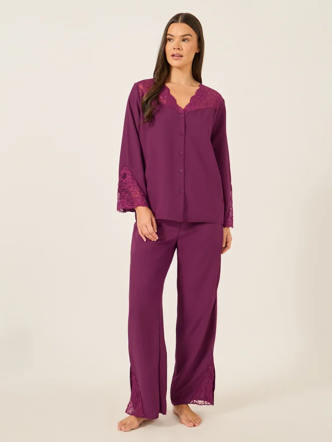 Lace Buttoned Pyjama Set Burgundy