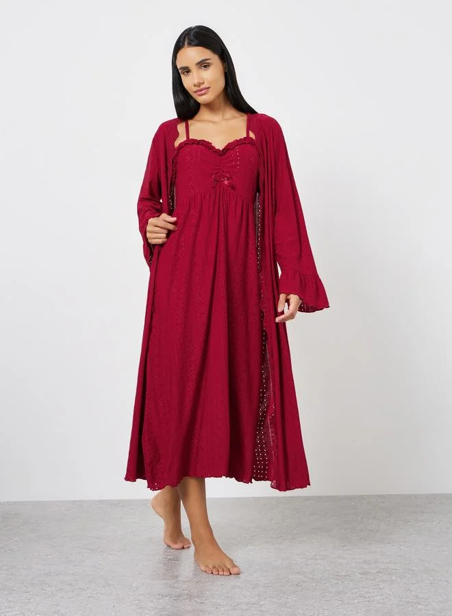Broderie Lace Ruffle Dress & Robe Set Burgundy