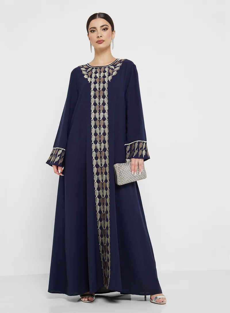 Border Print Jalabiya Deep Navy Blue