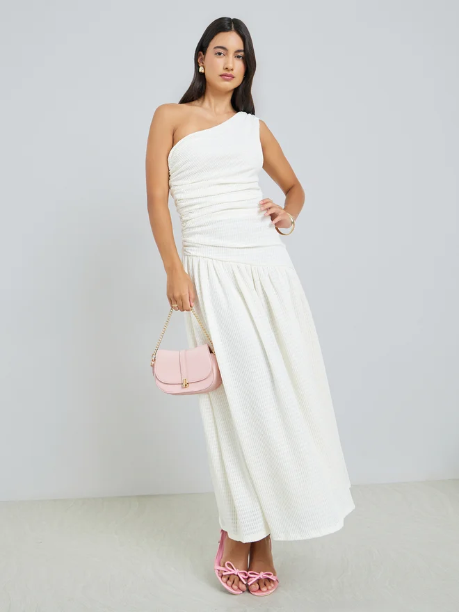 Styli Ruched One Shoulder A-Line Maxi Dress White