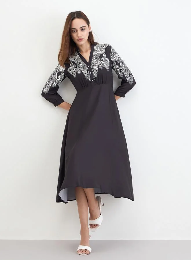 Styli Printed Buttoned Midi Dress Black