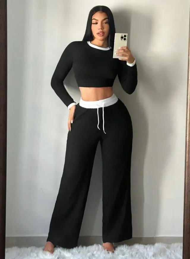 Women's Contrast Neck Top & Drawstring Pants Set – image 3