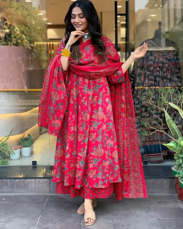 كورتا مطبوعة من رايون فيسكوز أناركالي GoSriKi مع قصر ودوباتا (CIA PINK-VKS01-GS_4XL_Pink_XXXX-Large) – صورة 4
