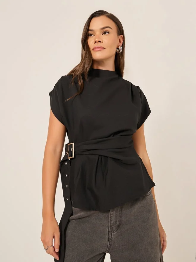 Styli Belted High Neck Sleeveless Top Black