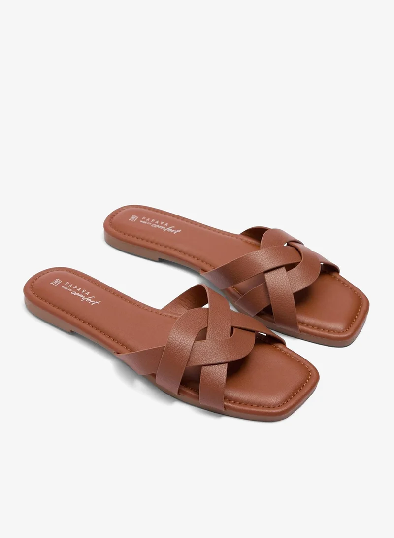 Wide Fit Weave Strap Mule Sandals Brown