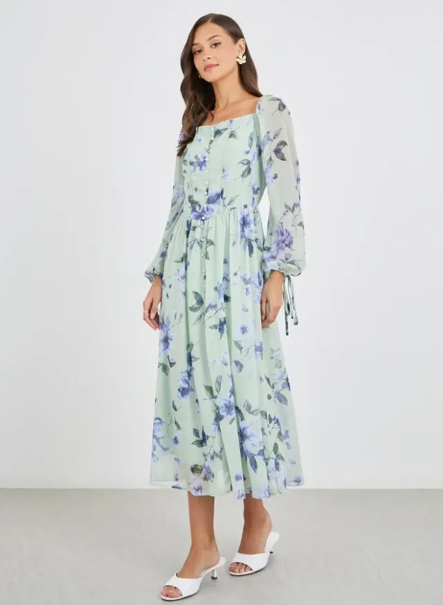 Mint Green Floral Chiffon Midi Dress with Square Neck and Long Sleeves – image 2