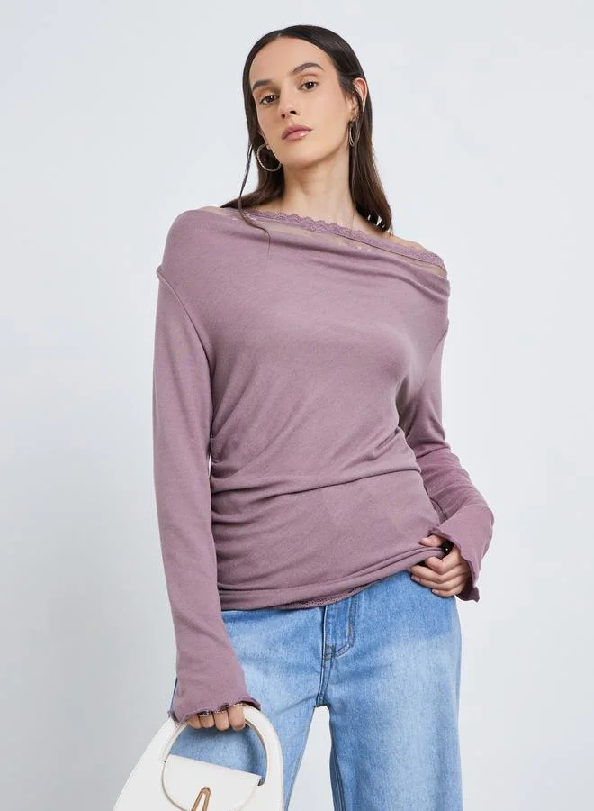 Lace Insert Cowl Neck Blouse Dusty Rose