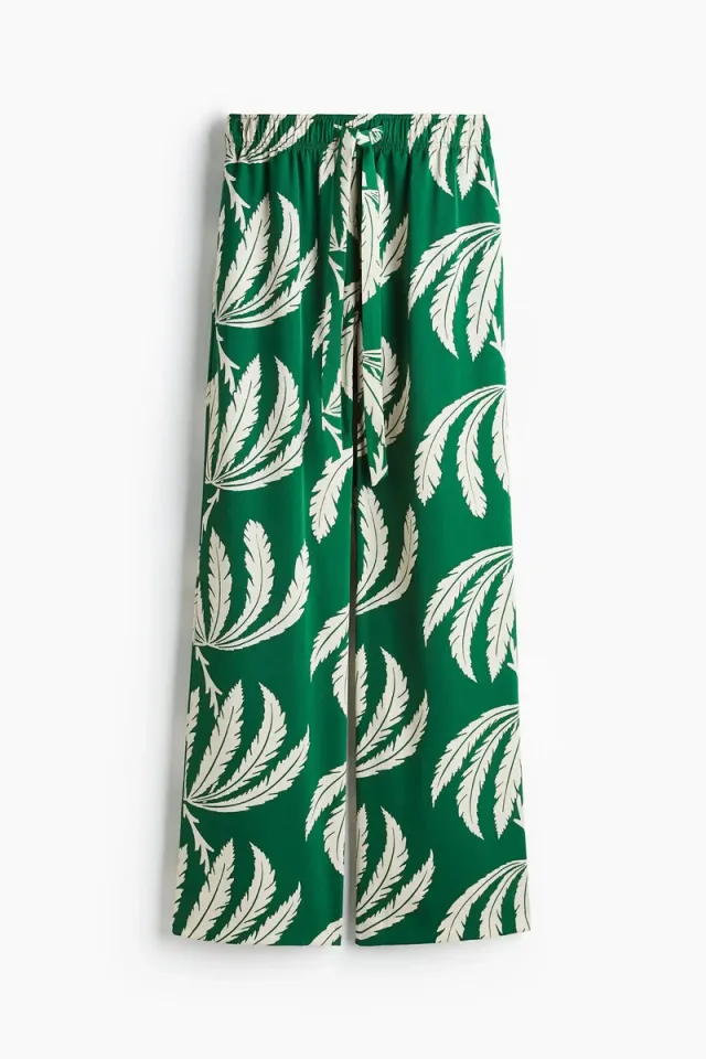 Green Floral Print Wide-Leg High-Rise Drawstring Trousers