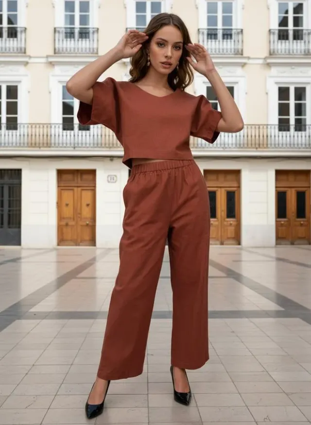 V-Neck Crop Top & Pants Set Brown – image 4