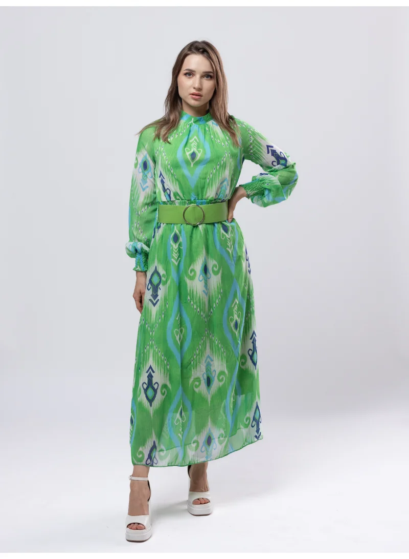 Belted Printed Chiffon Maxi Dress Green