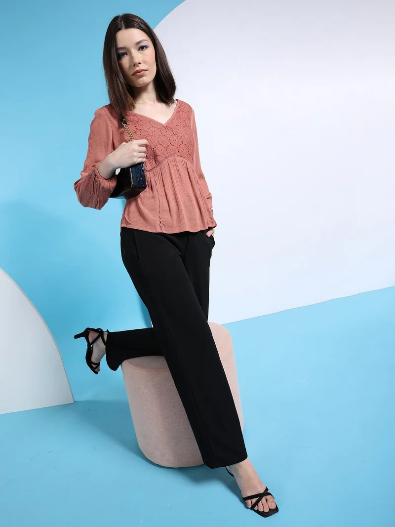 Women's Solid Fit and Flare Empire Waist Top Peach