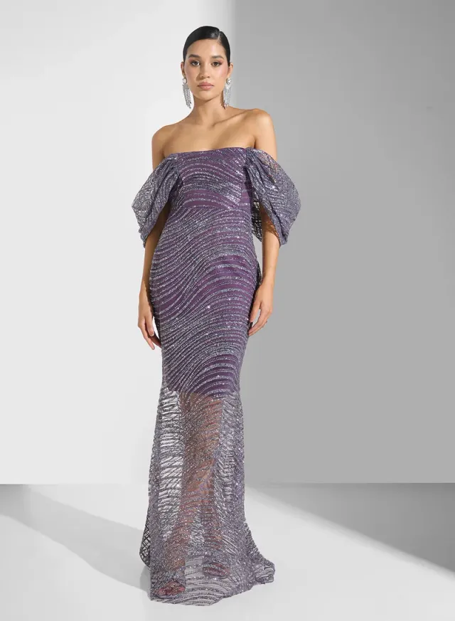Navy Blue Off-Shoulder Shimmer Midi Dress