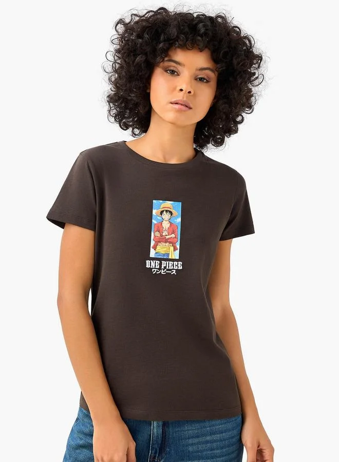 One Piece Print Cotton T-shirt Brown