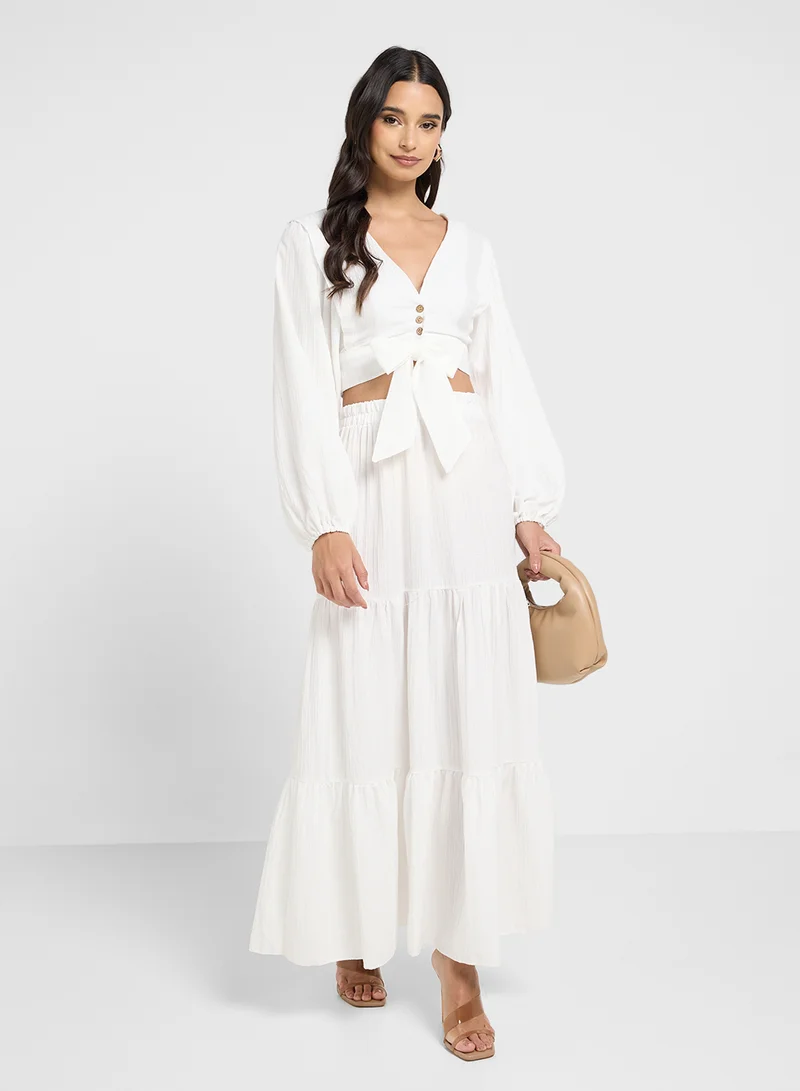 Tie-Up Blouse and Skirt Set White