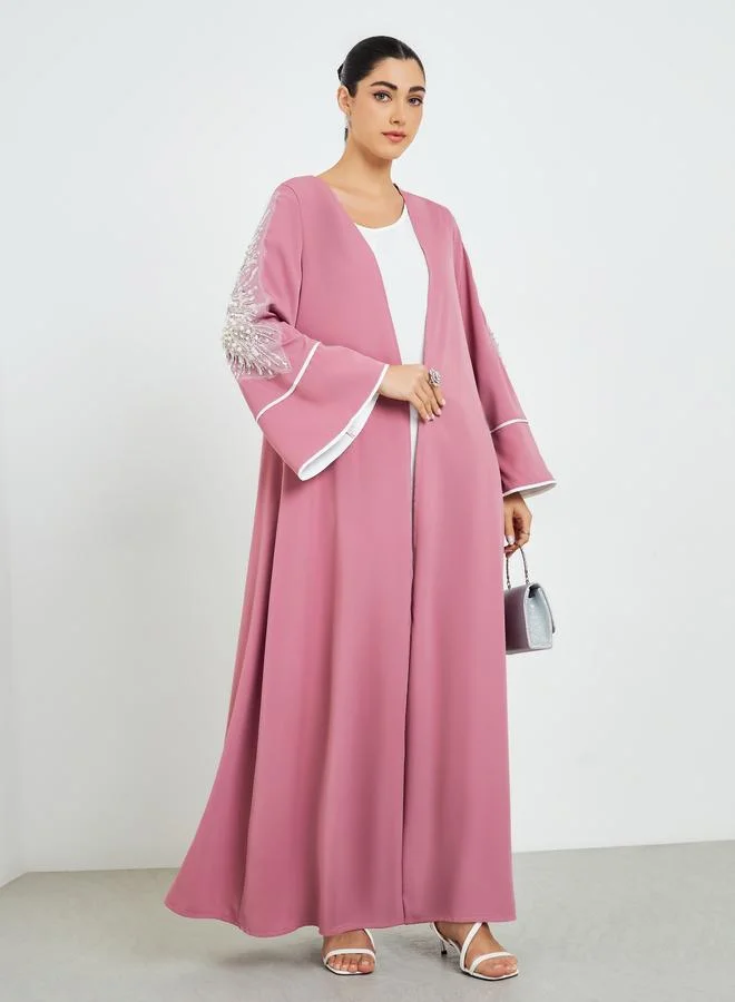 Embroidered Sleeve A-Line Abaya Light Pink
