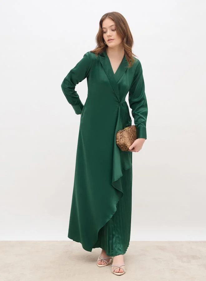 Styli Satin Pleated Wrap Maxi Dress Emerald Green