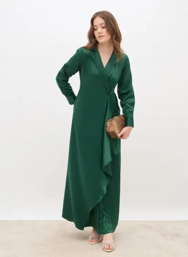 Styli Satin Pleated Wrap Maxi Dress Emerald Green