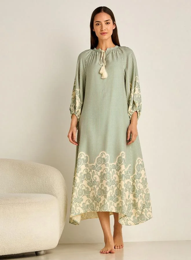 Long Sleeve Tassel Tie-Up Viscose Night Gown Green