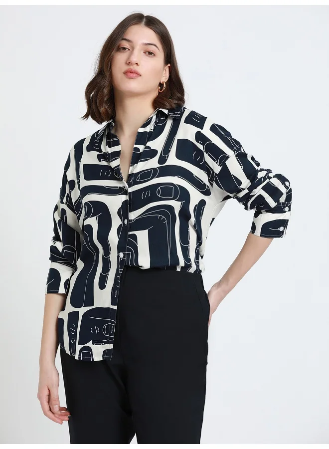 Women's Printed Rayon Relaxed Fit Shirt White