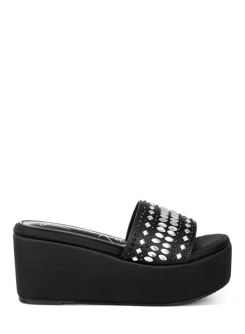 Diamante Rhinestone Flatform Sandals Black