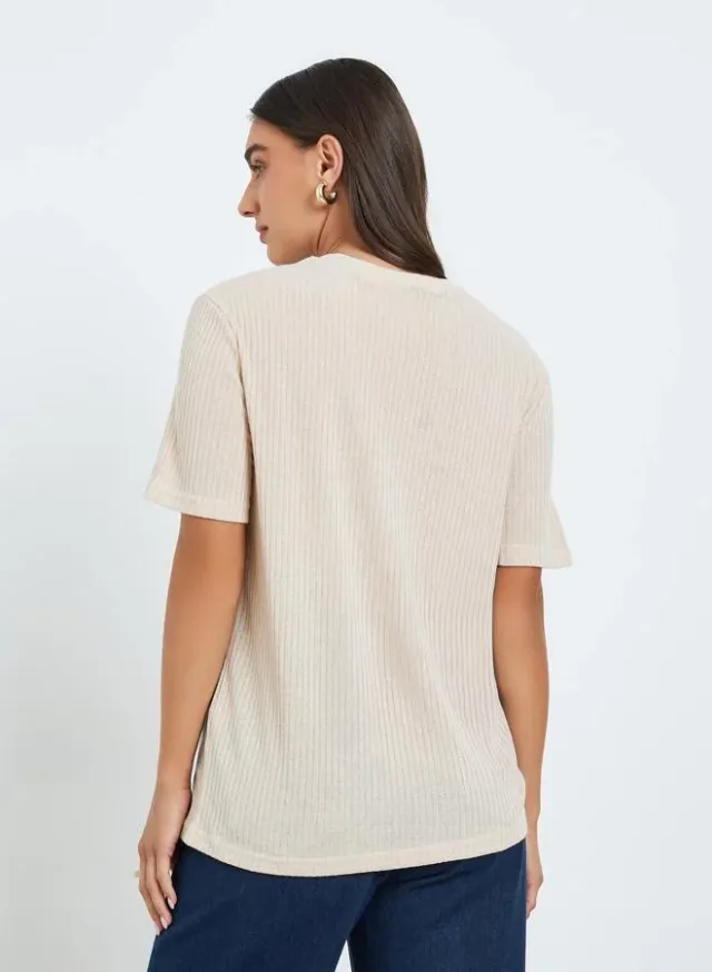 Women's Beige Knitted Short Sleeve T-Shirt (Polyester Blend) – image 3