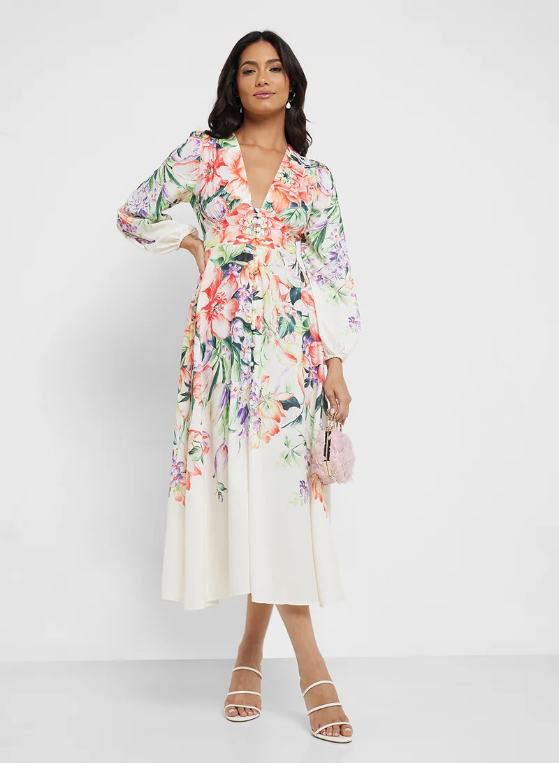Floral Print Dress Beige