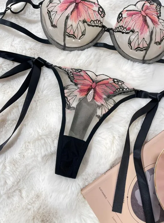 Butterfly Embroidered Mesh Bra & Thong Lingerie Set – image 4