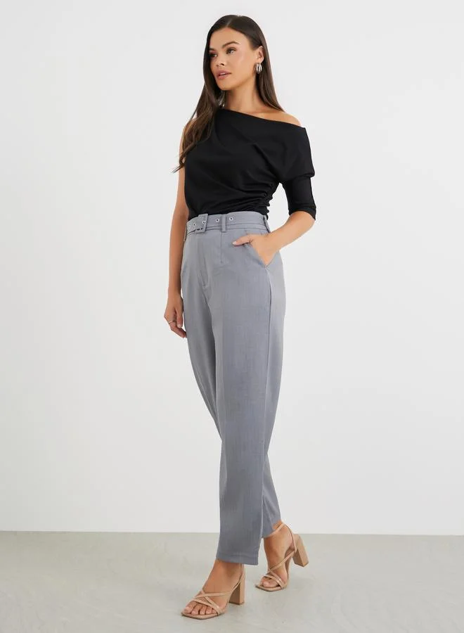 Solid Tapered Belted Trousers Black