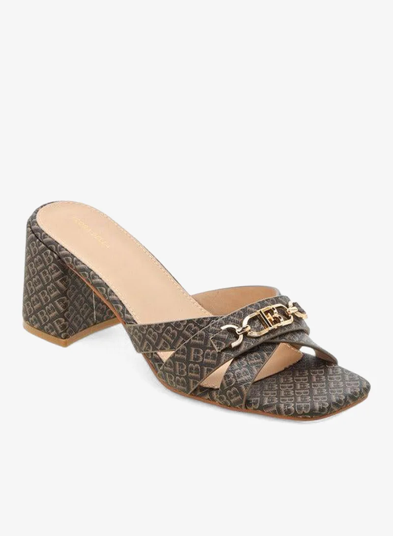 Monogram Print Cross-Strap Block Heel Sandals Brown