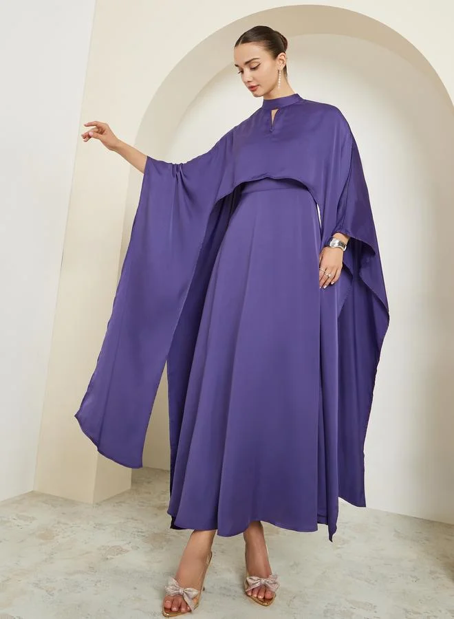 Satin Cape Sleeve A-Line Maxi Dress Dark Lavender