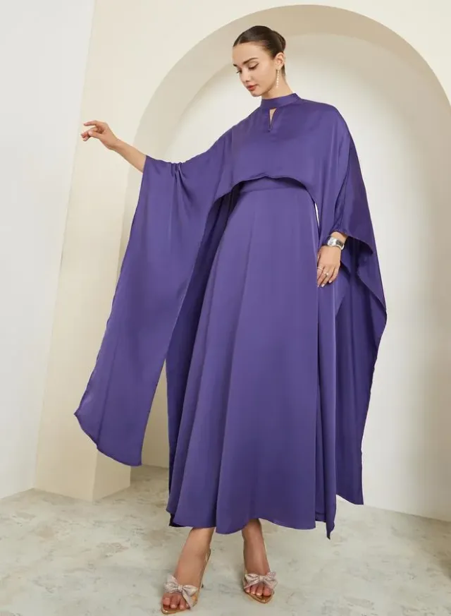 Satin Cape Sleeve A-Line Maxi Dress Dark Lavender