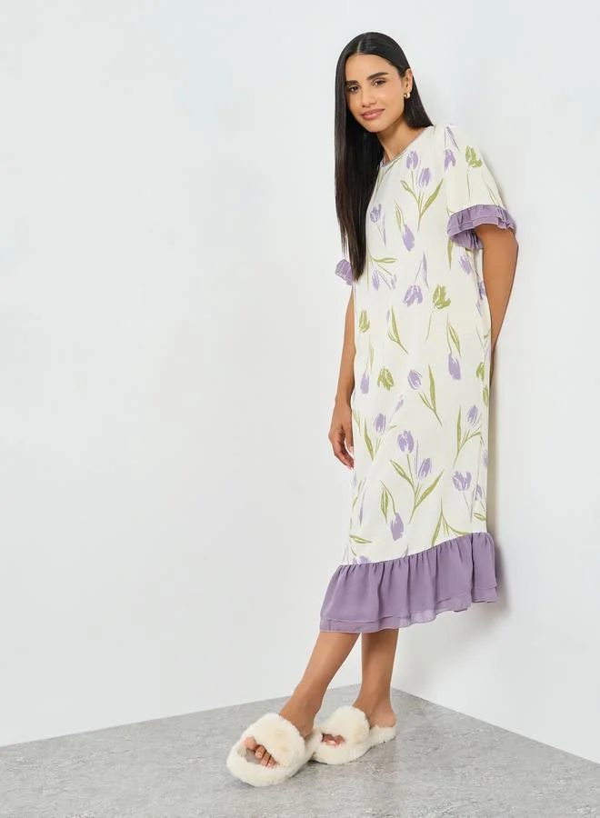 Floral Print Ruffle Hem Nightdress Cream