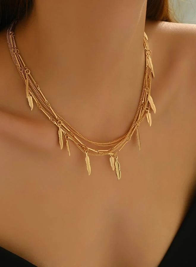 Gold Multi-Layer Leaf Pendant Necklace