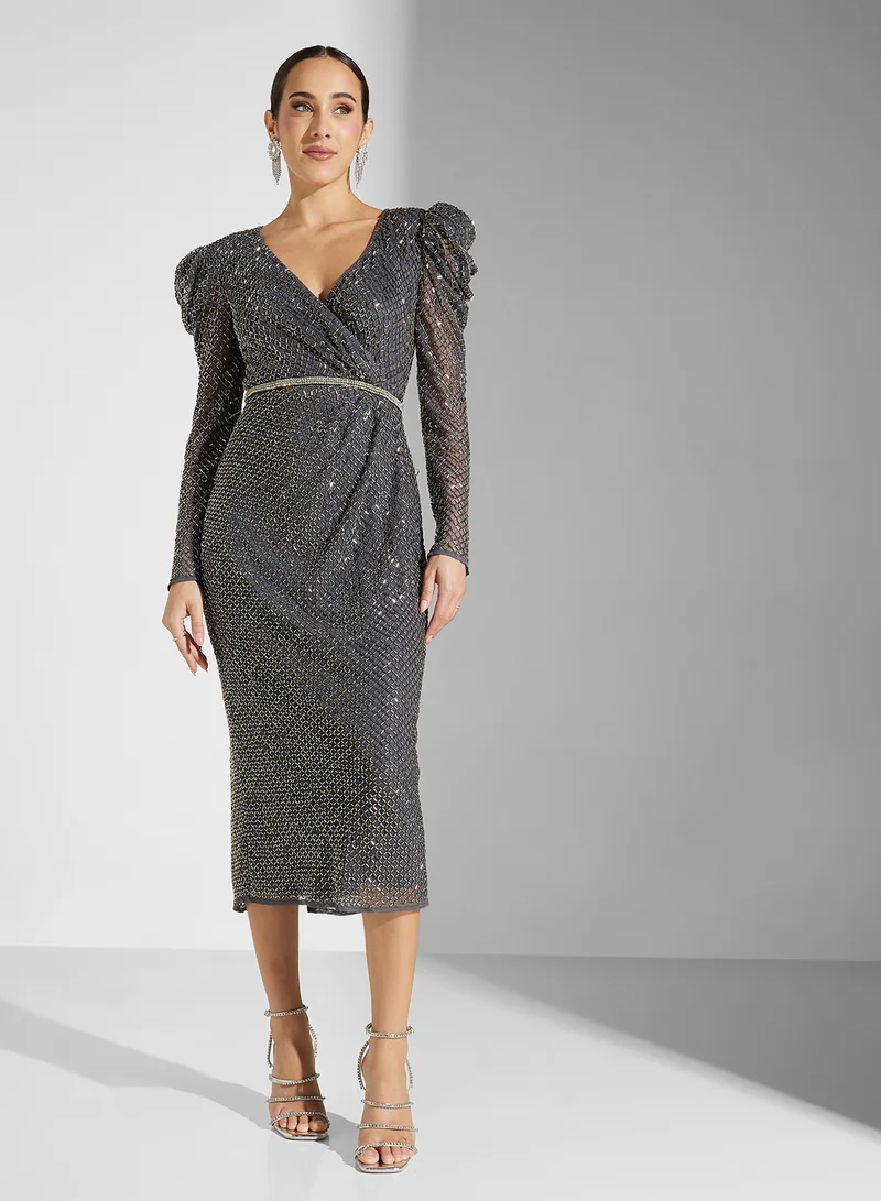 Charcoal Grey Sequin Long-Sleeve V-Neck Midi Dress
