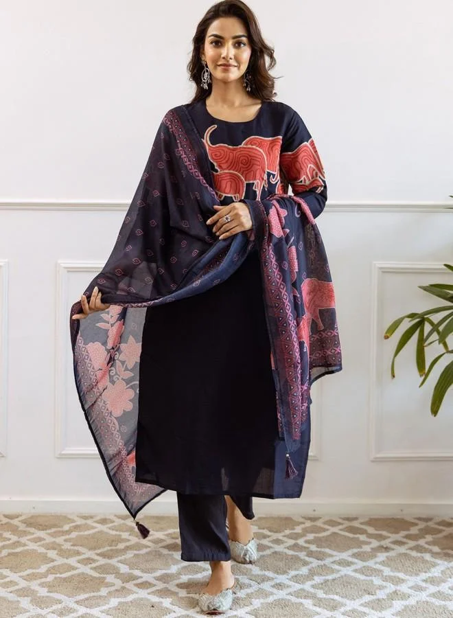 Women's Muslin Embroidered Kurta Palazzo Set - Deep Navy Blue