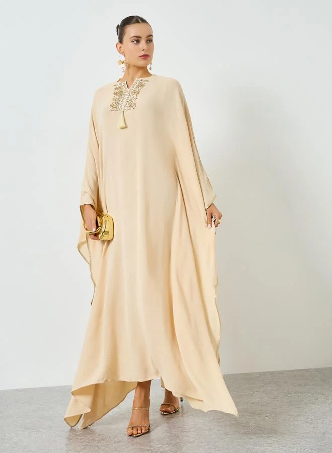 Embroidered Tassel Kaftan Beige