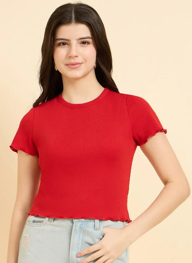 Scallop Hem Ribbed Top Red