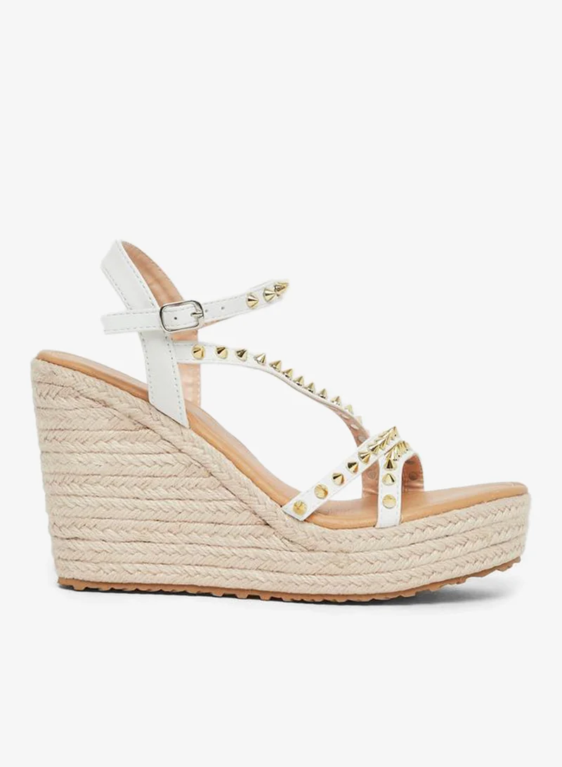 Styli Studded Strappy Espadrille Wedge Sandals White