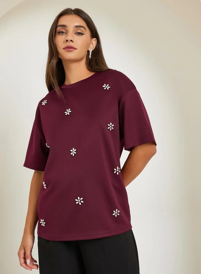 Embellished Oversized T-Shirt Burgundy
