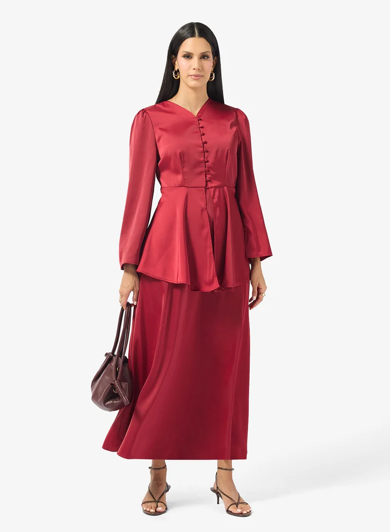Longline Peplum Top and Skirt Set Red