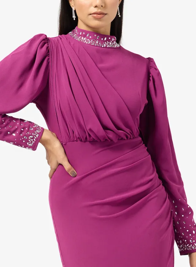 Magenta Maxi Fit & Flare Dress with Embellished High Neck – image 3