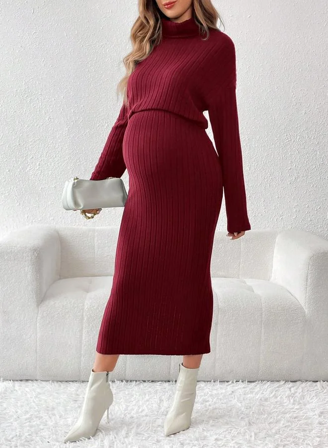 Maternity Ribbed High Neck Top and Skirt Set Burgundy
