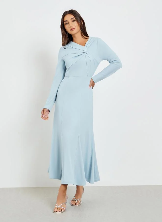 Knot Front Long Sleeve Maxi Dress Sky Blue