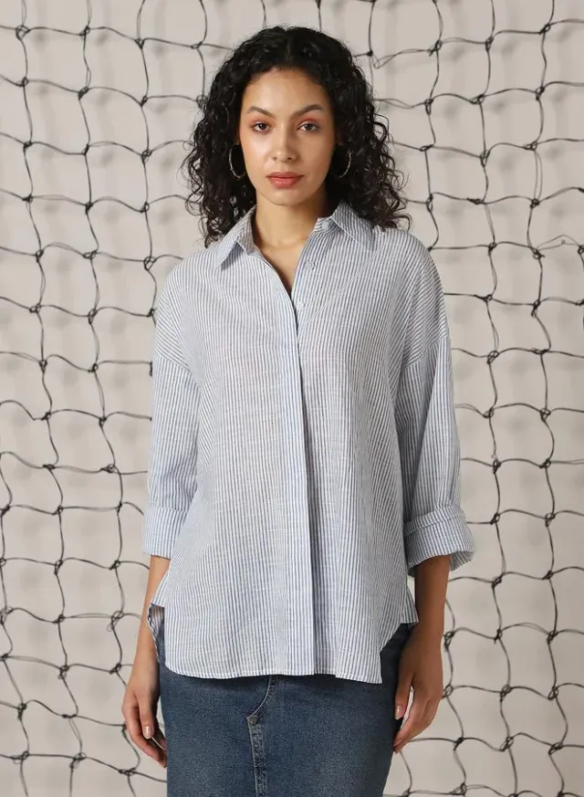 Women's Blue 100% Cotton Striped Button Down Oversized Shirt – image 7